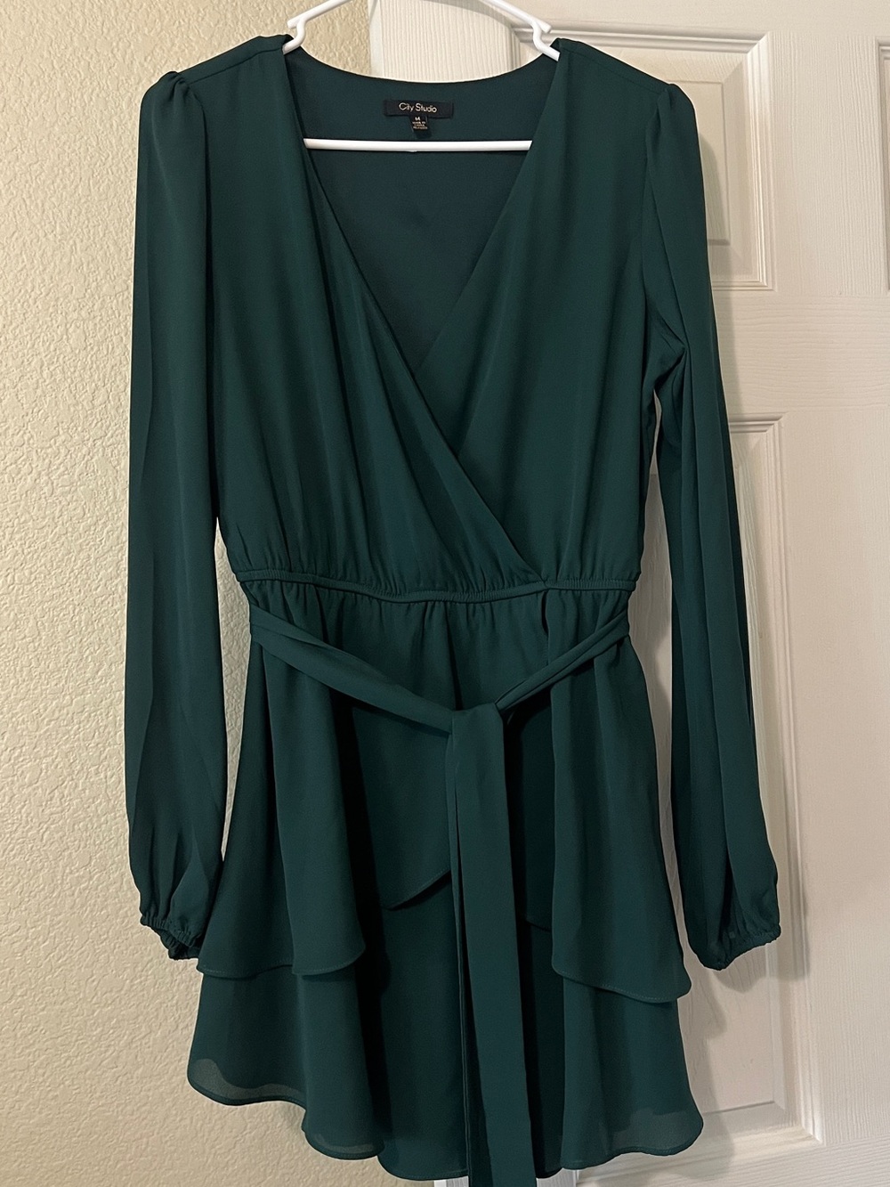 City Studio Deep Teal Long-Sleeve Wrap Dress with Self-Tie Waist
